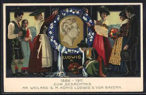 AK Frauen schmücken Gedenktafel König Ludwig II., Blumenkranz