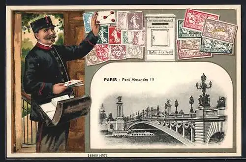 AK Paris, Pont Alexandre III., Briefträger mit Brief, versch. Briefmarken