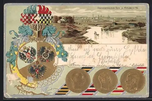 Lithographie Myslowitz, Dreikeiserreichs Ecke, Zar Nikolai von Russland auf der Münze