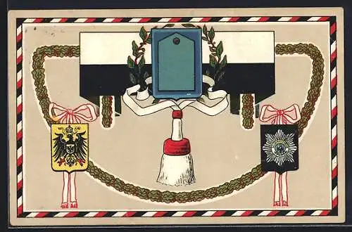 AK Deutsches Wappen, Preussisches Wappen und leere Regimentsschulterklappe