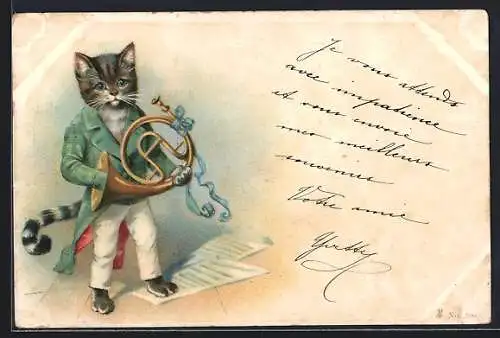 Lithographie Eine Katze in menschlicher Kleidung mit einem Horn