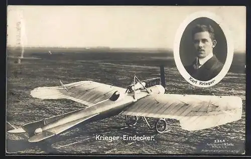 Foto-AK Sanke Nr. 236A: Karl Krieger und sein Eindecker-Flugzeug