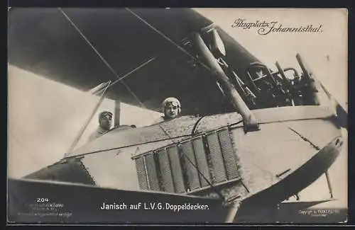 Foto-AK Sanke Nr. 204: Pilot Janisch auf LVG Doppeldecker, Flugplatz Johannisthal