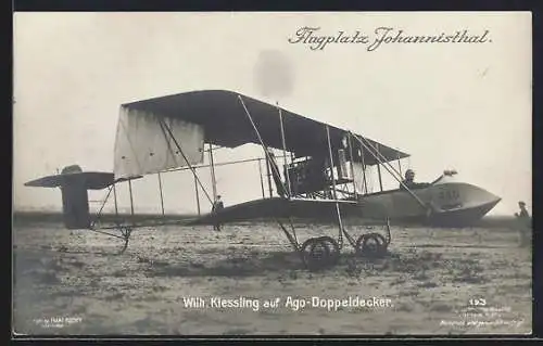 Foto-AK Sanke Nr. 193: Berlin-Johannisthal, Flughafen, Wilh. Kiessling auf Ago-Doppeldecker