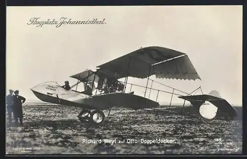 Foto-AK Sanke Nr. 195: Richard Weyl auf Otto-Doppeldecker, Flugplatz Johannisthal