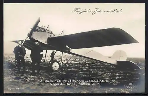 Foto-AK Sanke Nr. 192: Berlin-Johannisthal, A. Baierlein mit Oblt. v. Linsingen auf Otto-Eindecker