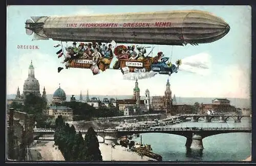 AK Dresden, Luftschiff-Zeppelin über der Stadt, Linie Friedrichshafen-Dresden-Memel