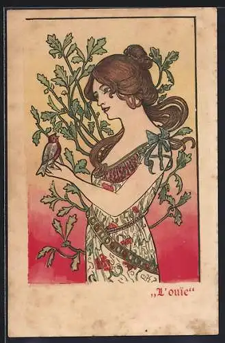 Künstler-AK Mädchen lauscht dem Gesang eines Vogels, Das Gehör, Jugendstil