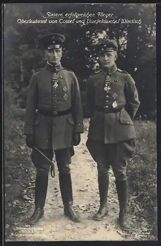 Foto-AK Sanke Nr. 401: Oberleutnant von Cossel und Vizefeldwebel Windisch in Uniform, Flugzeug