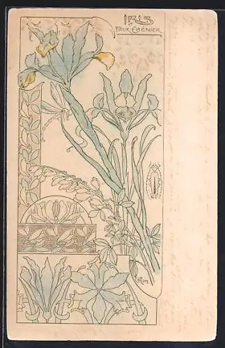 Künstler-AK Jugendstil-Illustration Blaue Iris