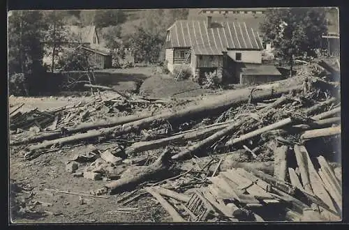 AK Dessendorf, Dammbruchkatastrophe 1916, Partie gegenüber Kistentischlerei Heinrich Hoffmann