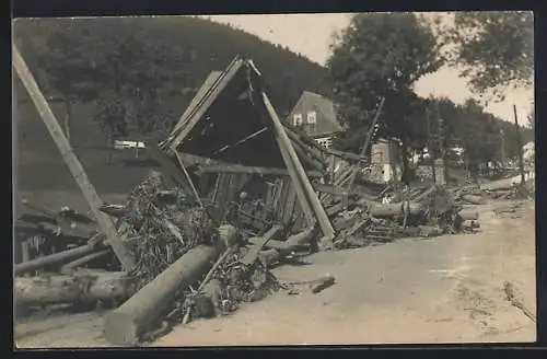 AK Dessendorf, Dammbruchkatastrophe 1916, Trümmer des Spritzenhauses der freiw. Feuerwehr