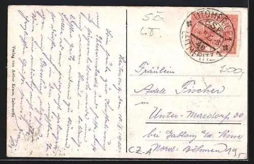 AK Leitmeritz, Wallstrasse, Deutsche Volksbank und Postgebäude