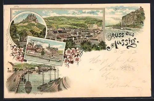 Lithographie Aussig / Usti, Hafen, Dampfschifflandungsplatz, Ruine Schreckenstein