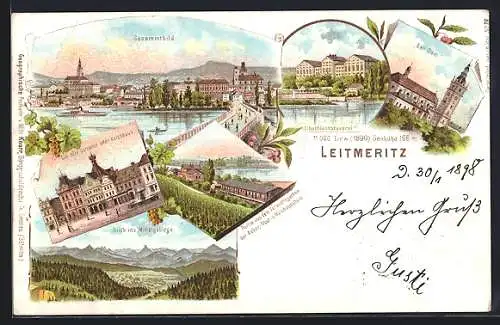 Lithographie Leitmeritz / Litomerice, Das alte Salzamt, Elbschlossbrauerei, Totalansicht