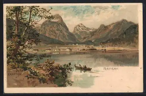 Künstler-AK Edward Theodore Compton: Pertisau, Stadtblick mit Gebirge im Hintergrund