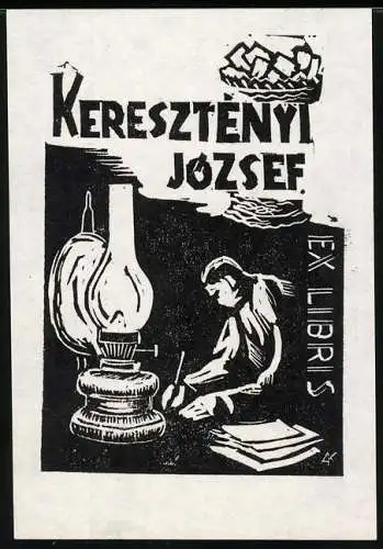 Exlibris Keresztenyi Jozsef, Mann schreibt im Schein einer Petoleumlampe