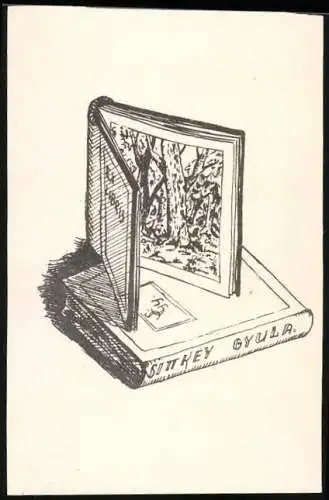 Exlibris Sittkey Gyula, Abbildung von Bäumen im aufgeschlagenen Buch