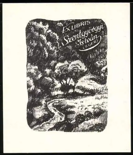 Exlibris Szentggörgyi Istvan / Eger, Bachlauf schlängelt sich um Bäume