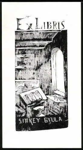 Exlibris Sittkey Gyula, verstaubtes Arbeitszimmer mit Büchern