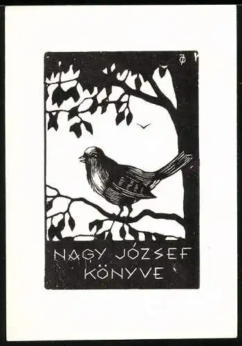 Exlibris von Istvan Olah für Nagy Jozsef, Singvogel auf Zweig sitzend