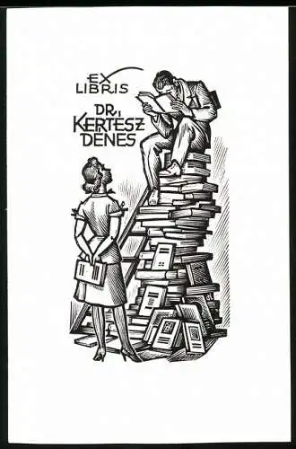 Exlibris Dr. Kertesz Denes, Mann liest Buch auf einem Bücherstapel