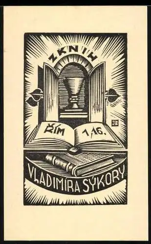 Exlibris von Jaro Beran für Vladimira Sykory, aufgeschlagene Bibel und heiliger Gral