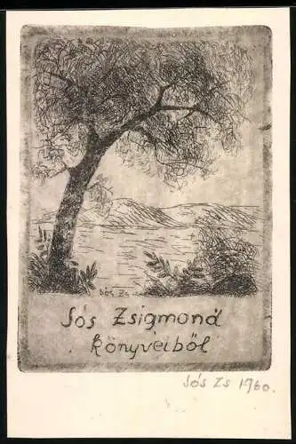 Exlibris von Zsigmond Sos für Zsigmond Sos, Landschaftspanorama mit Bäumen, Sträuchern & Hügellandschaft