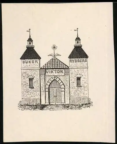 Exlibris Düker Viktor & Rydberg, Burg mit Wehrtürmen und Burgtor