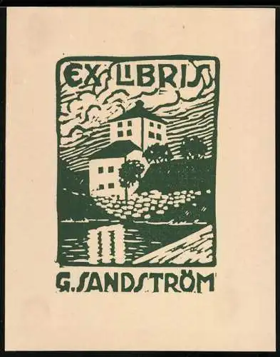 Exlibris G. Sandström, Gebäudeansicht und Uferpartie, grün