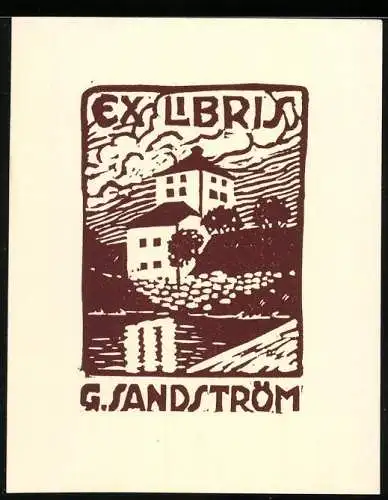 Exlibris G. Sandström, Gebäudeansicht und Uferpartie, weinrot