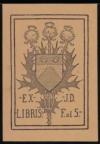 Exlibris J. D. F. af S.-, Wappen mit blühenden Disteln