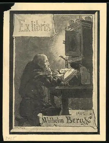 Exlibris von Calmus für Wilhelm Berg, Mönch macht Notizen