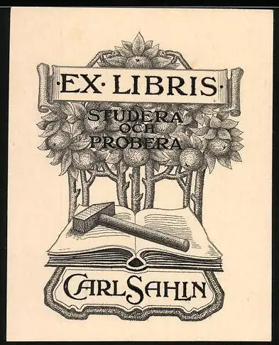 Exlibris Carl Sahlin, offenes Buch, Hammer und Apfelbaum