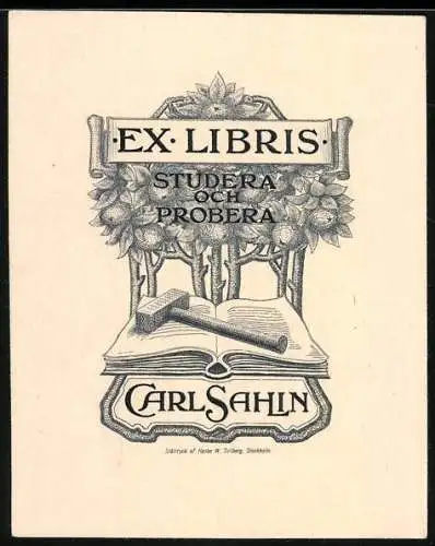 Exlibris Carl Sahlin, offenes Buch, Hammer und Apfelbaum