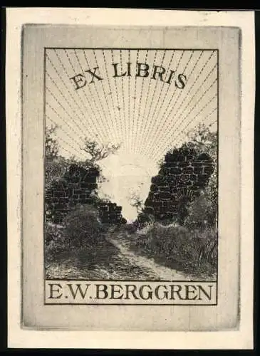 Exlibris E. W. Berggren, Sonne während der Dämmerung hinter zerstörter Mauer