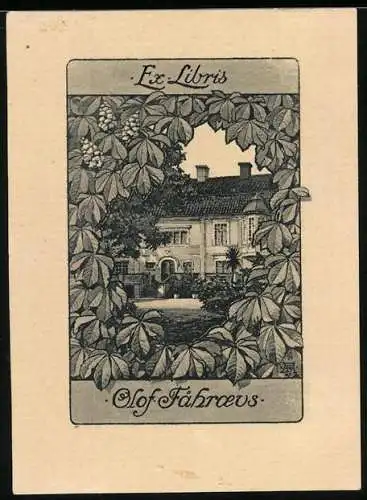 Exlibris Olof Fahroeus, Villa durch Kastanien-Zweige gesehen