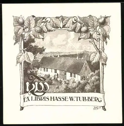 Exlibris W. Tullberg, Gehöft und Kastanienzweige