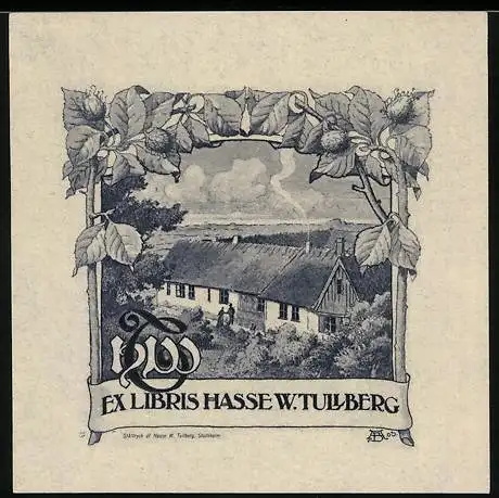 Exlibris W. Tullberg, Bauernhof und Kastanienzweige