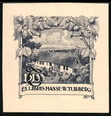 Exlibris W. Tullberg, Gehöft und Kastanienzweige