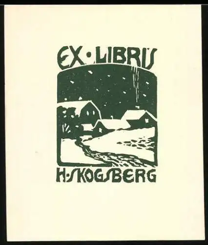 Exlibris H. Skogsberg, eingeschneite Ortschaft im Wnter, grün