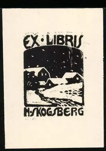 Exlibris H. Skogsberg, eingeschneite Ortschaft im Wnter, schwarz