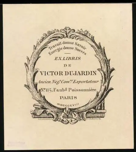 Exlibris Victor Dujardin, Paris, Text im Passepartout