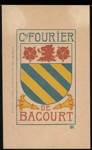 Exlibris Fourier De Bacourt, Wappen mit Löwenkopf & Blüten