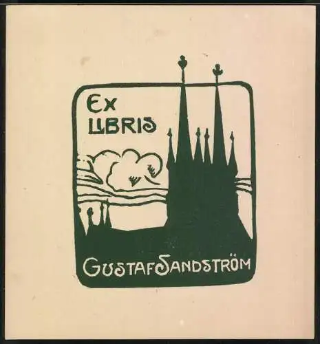 Exlibris Gustaf Sandström, Silhouette einer Kathedrale, grün