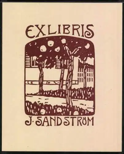 Exlibris J. Sandström, Obstbäume mit reifen Früchten und Fallobst