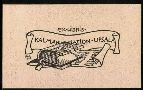 Exlibris von Axel Lekauder für Kalmar Nation Upsala, Buch und Notenblatt