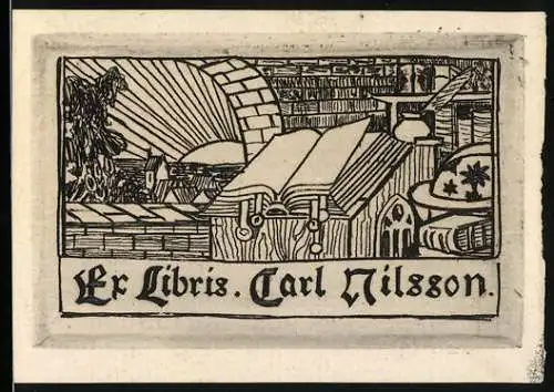 Exlibris Carl Nilsson, Arbeitszimmer mit aufgeschlagenem Buch