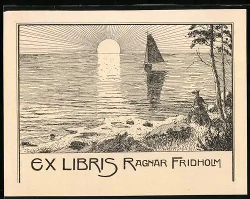 Exlibris Ragnar Fridholm, Dame am Ufer beobachtet Segelboot bei Dämmerung