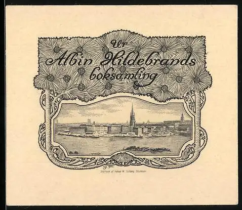 Exlibris von Lydia Skottsberg, Stockholm, für Albin Hildebrands, Stadtansicht